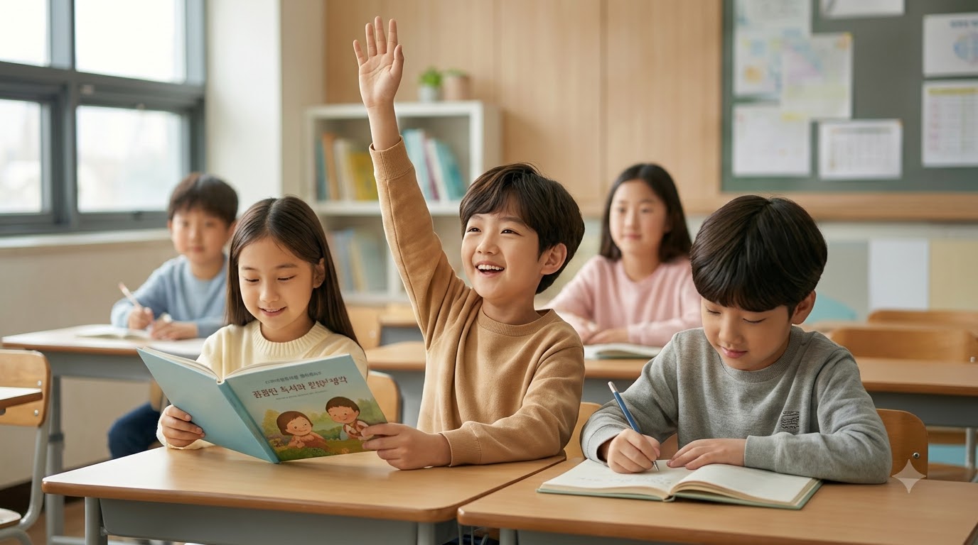 초등 수업 — 책을 읽고 발표하는 학생들