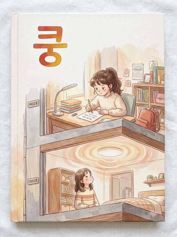 창작동화 「쿵」 표지 — 위층과 아래층의 두 아이